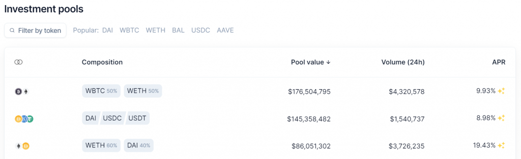 Balancer investment pools